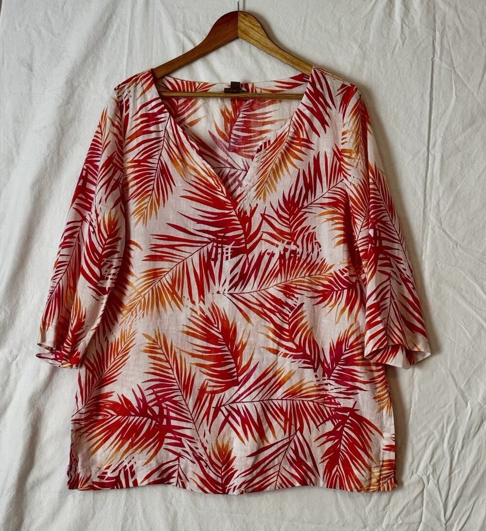 J Jill Women's 100% Linen Pullover Tunic Top Size L Coastal Beach Tropical Leafy